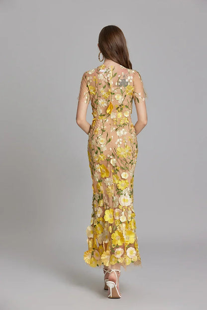 Damen Maxikleid Transparent mit Blumenstickerei
