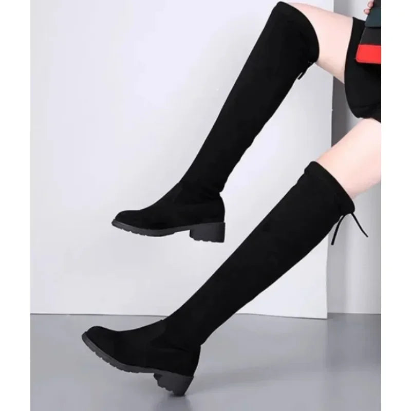 Damen Overknee Stiefel Schnürung Hoher Blockabsatz