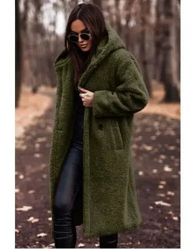Damen Kapuzenplüschmantel Lang Uni-Farbe