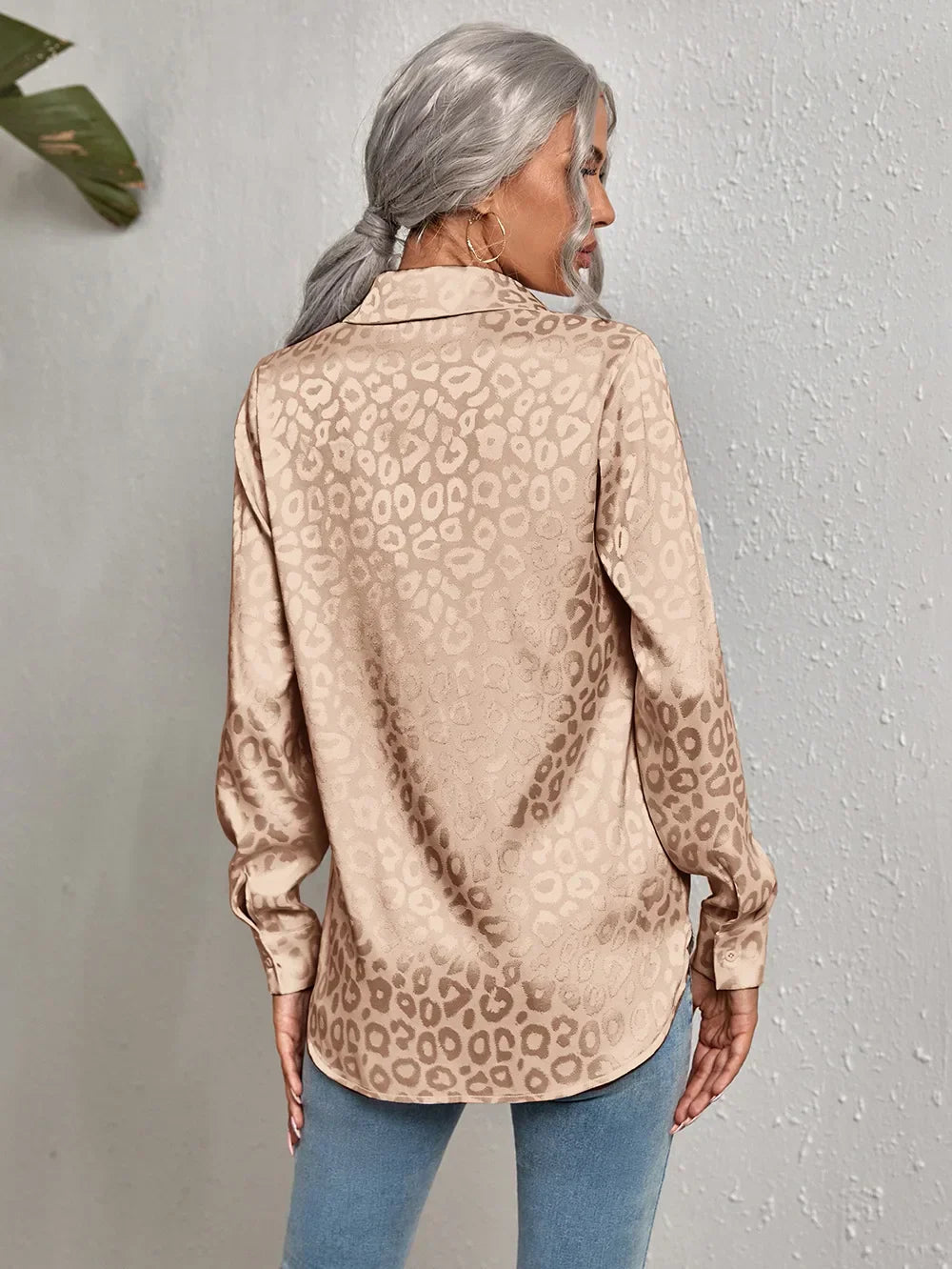 Damen Bluse Glanz-Effekt Knopfleiste Reverskragen Langarm