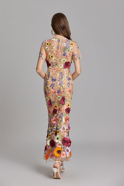 Damen Maxikleid Transparent mit Blumenstickerei