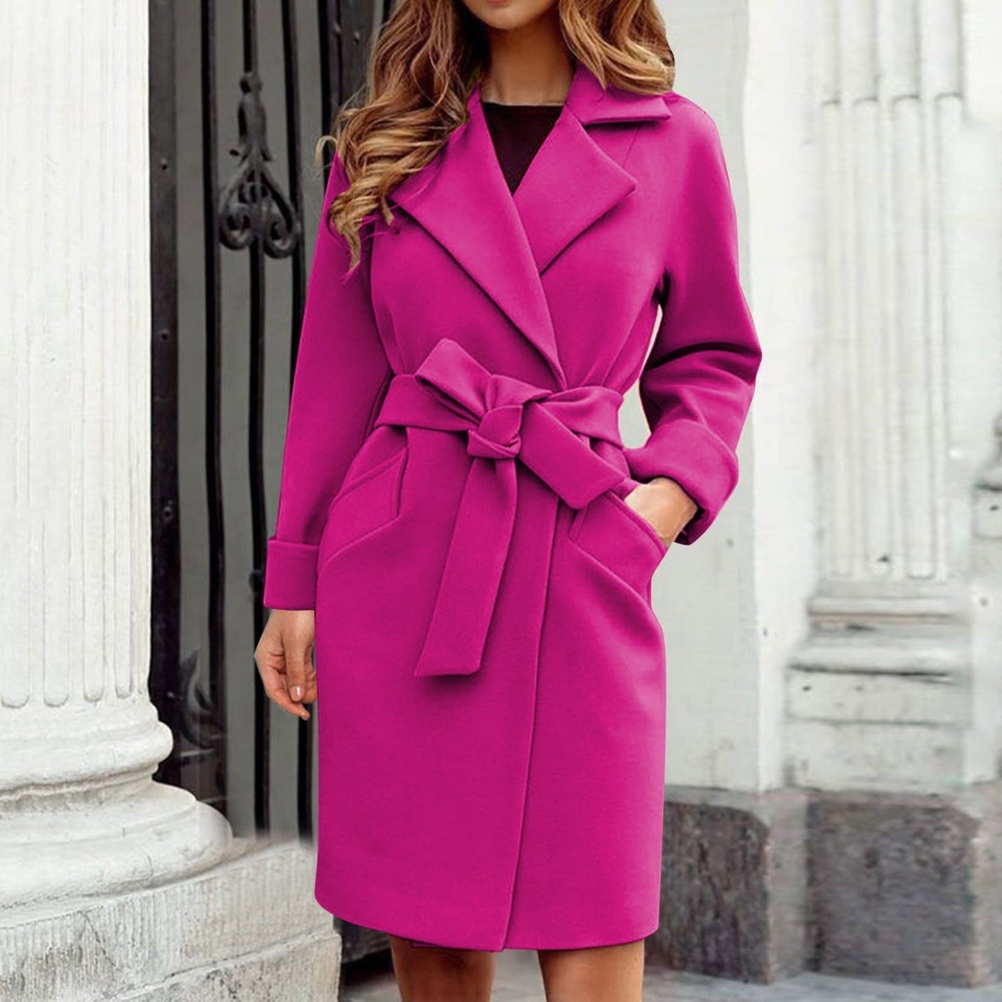 Damen Trenchcoat Wollmischung Knielang mit Bindegürtel