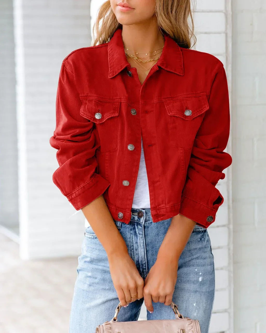 Damen Denim-Jacke Kurz Knopf Ärmel Blau
