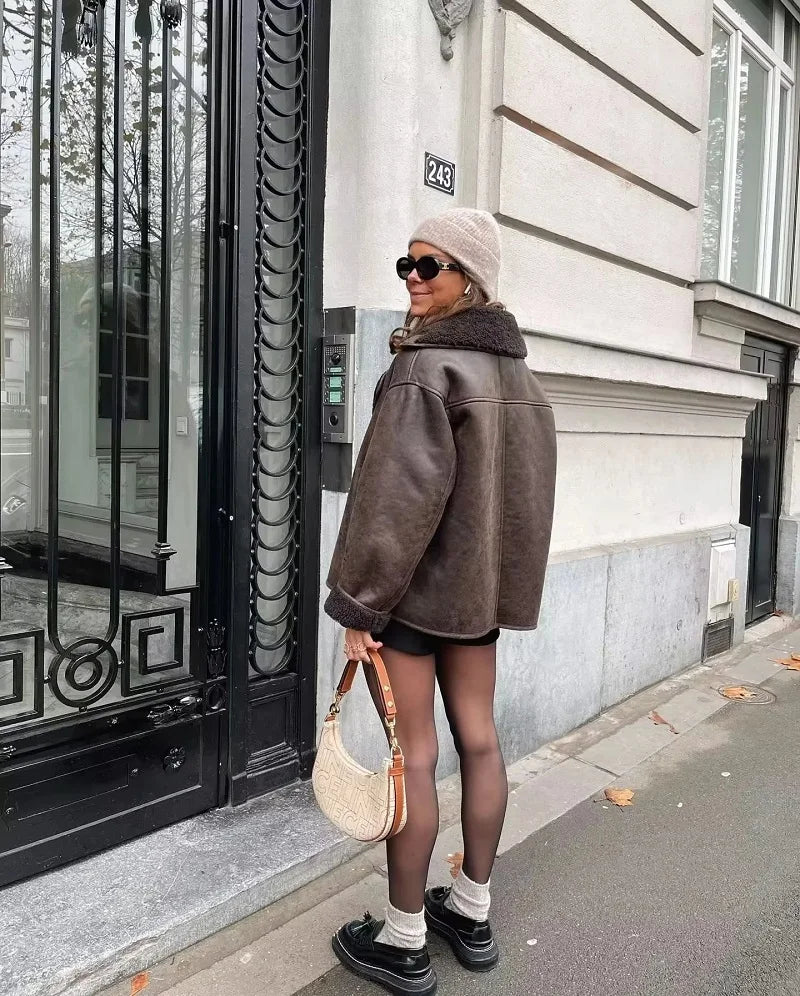 Damen Winterjacke Kunstleder Plüschfutter Breiter Kragen