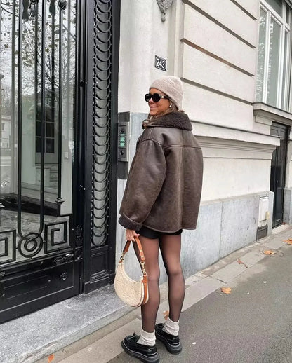 Damen Winterjacke Kunstleder Plüschfutter Breiter Kragen