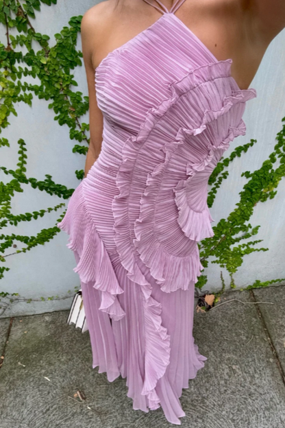 Damen Midikleid Rüschen Neckholder Gefaltet