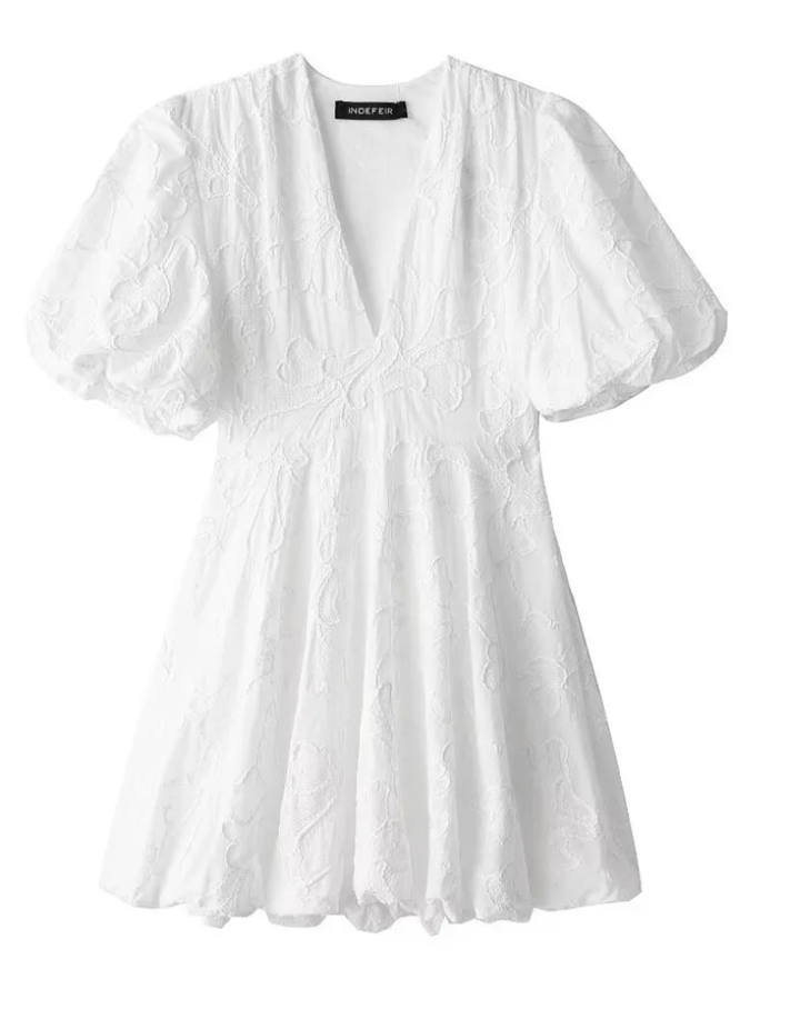 Weißes Damen Minikleid V-Ausschnitt Puffärmel Blumenmuster