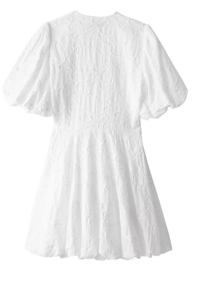 Weißes Damen Minikleid V-Ausschnitt Puffärmel Blumenmuster