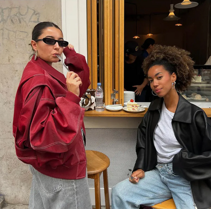 Damen Oversized Jacke Reißverschluss Roter Kragen