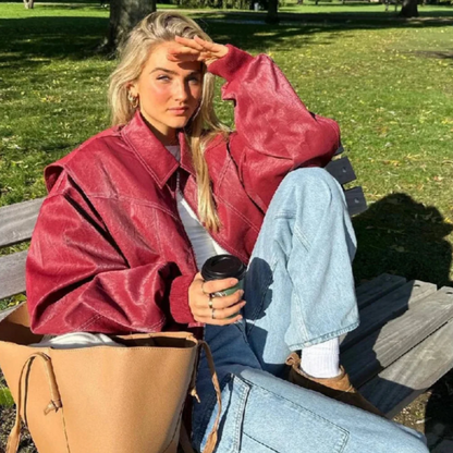 Damen Oversized Jacke Reißverschluss Roter Kragen