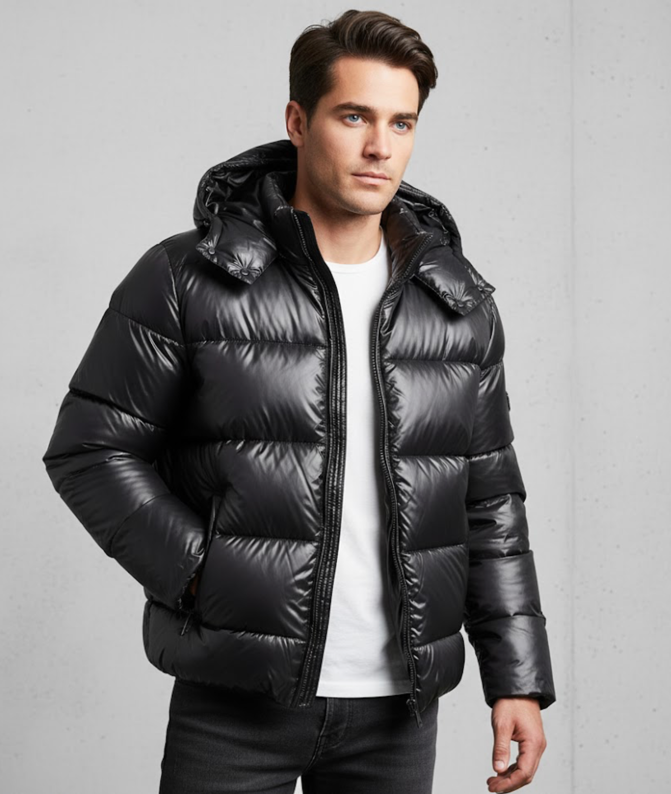 Herren Steppjacke mit Kapuze Reißverschluss Wasserabweisend Schwarz - Eveloria