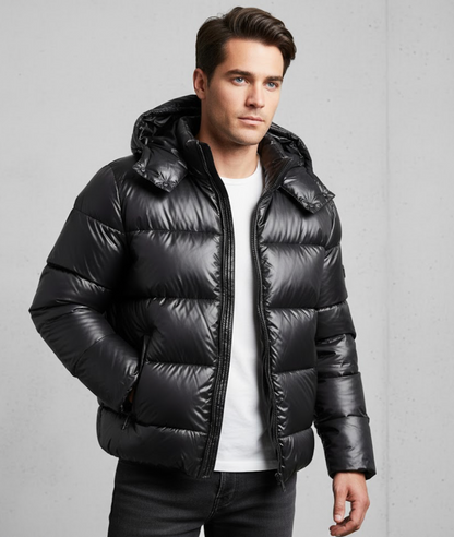 Herren Steppjacke mit Kapuze Reißverschluss Wasserabweisend Schwarz - Eveloria