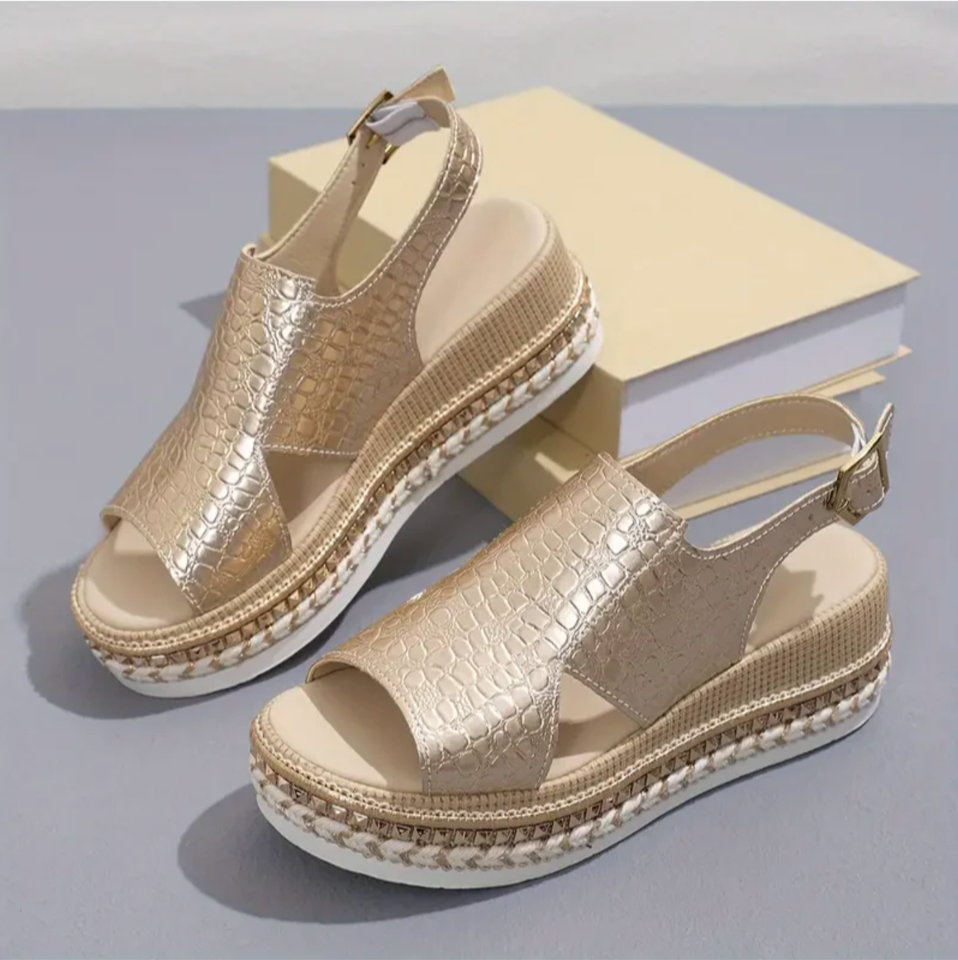 Damen Plateau Keilsandalen Leder Beige