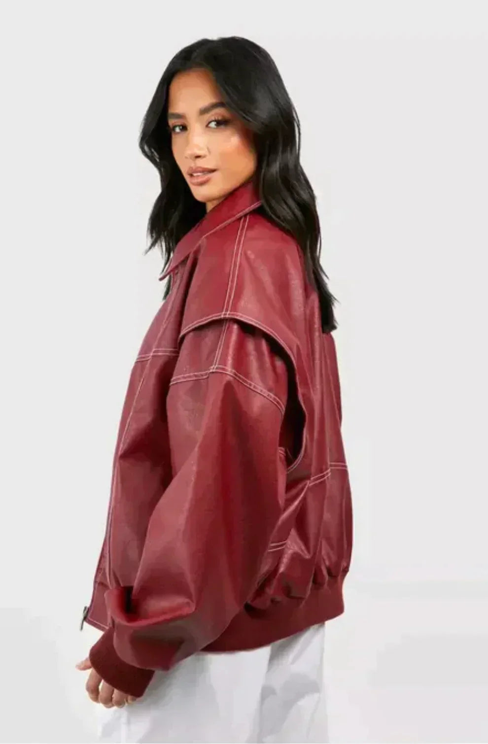Damen Oversized Jacke Reißverschluss Roter Kragen
