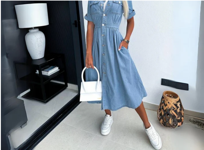 Damen Jeanskleid Baumwolle Elegant Blau