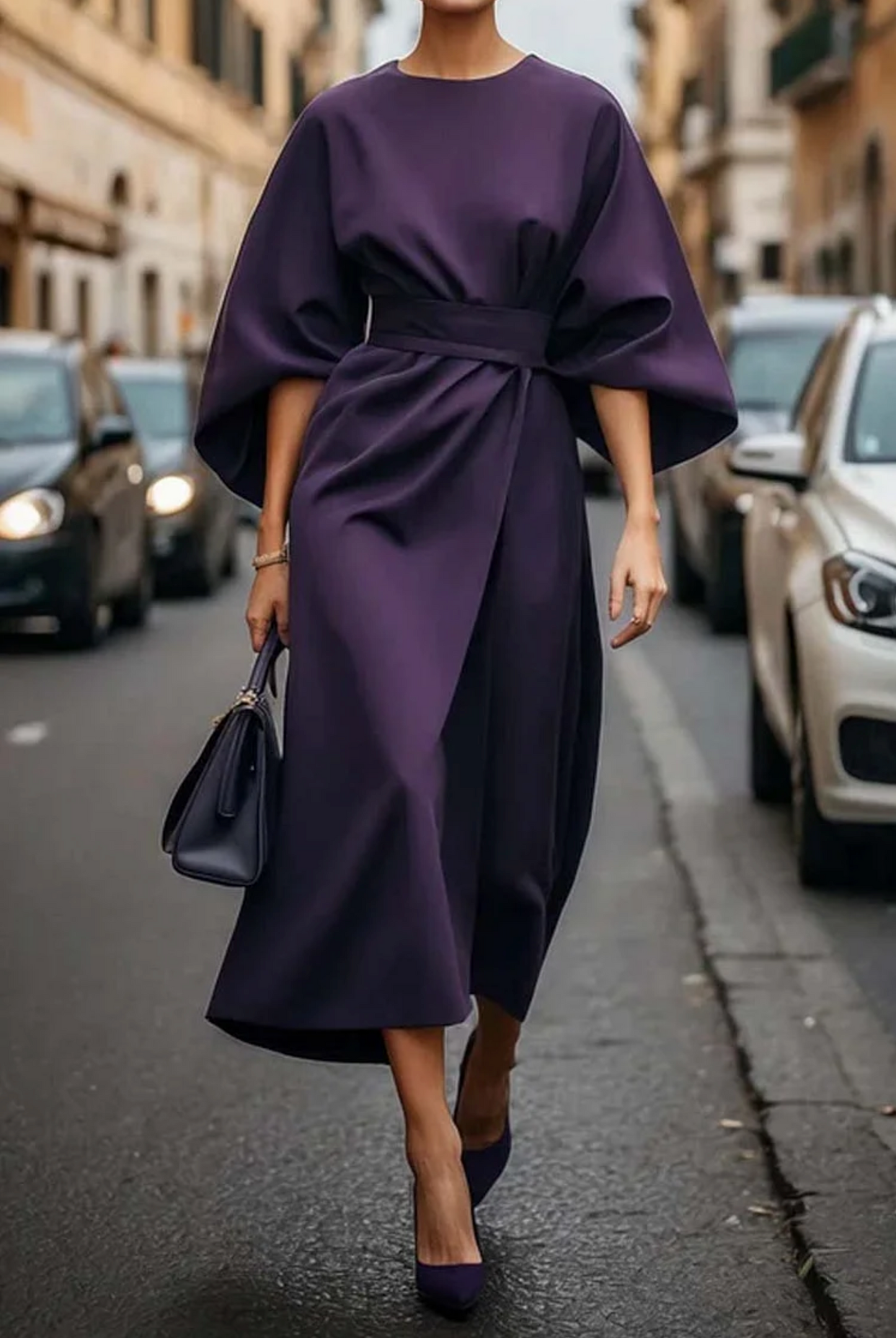 Damen Wintermidi-Kleid Mit Laternenärmeln
