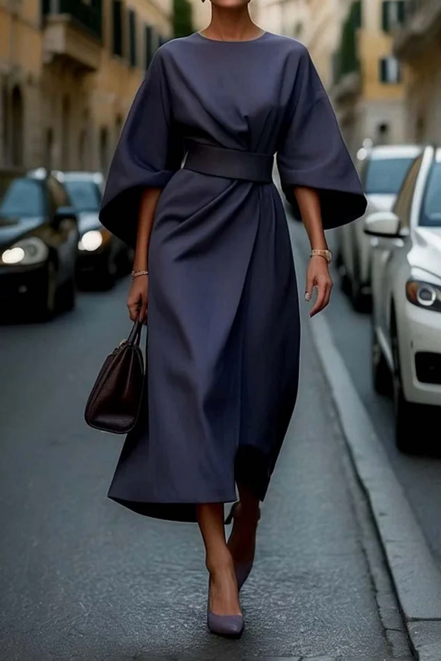 Damen Wintermidi-Kleid Mit Laternenärmeln