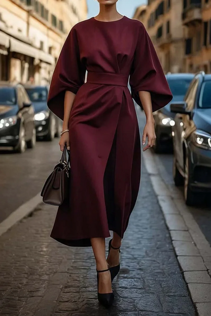 Damen Midikleid Mit Taillengürtel