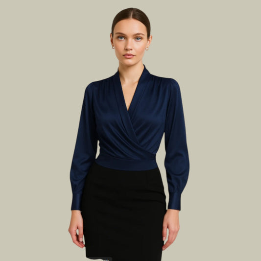 Elegante Damen Satin Bluse Wickel-design Schwarz - Eveloria