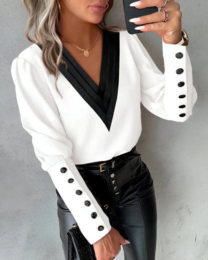 Eveloria Damen V-Ausschnitt Bluse Farbblock Muster