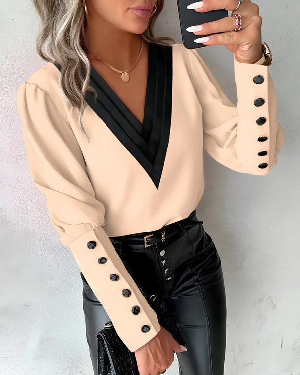 Eveloria Damen V-Ausschnitt Bluse Farbblock Muster