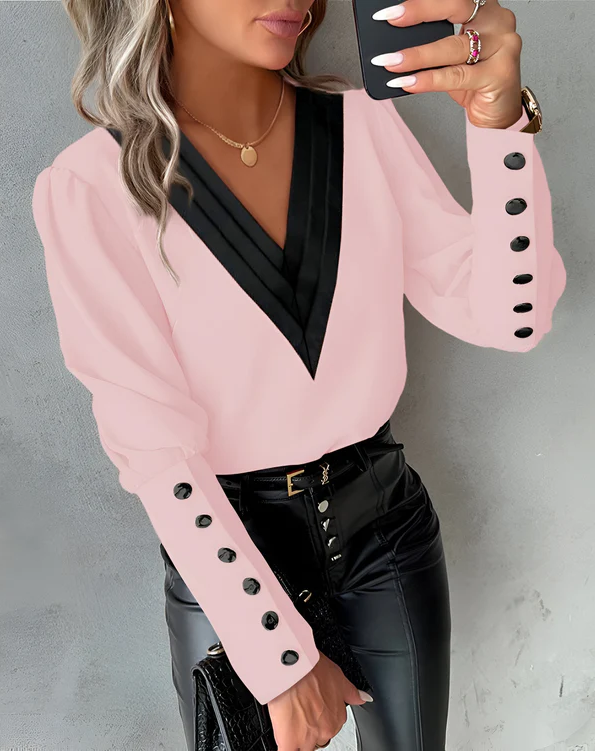 Eveloria Damen V-Ausschnitt Bluse Farbblock Muster