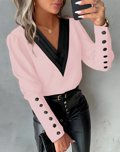 Eveloria Damen V-Ausschnitt Bluse Farbblock Muster