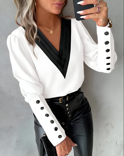 Eveloria Damen V-Ausschnitt Bluse Farbblock Muster - Eveloria