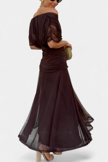 Damen Maxi Kleid Off-Shoulder Gerafftes