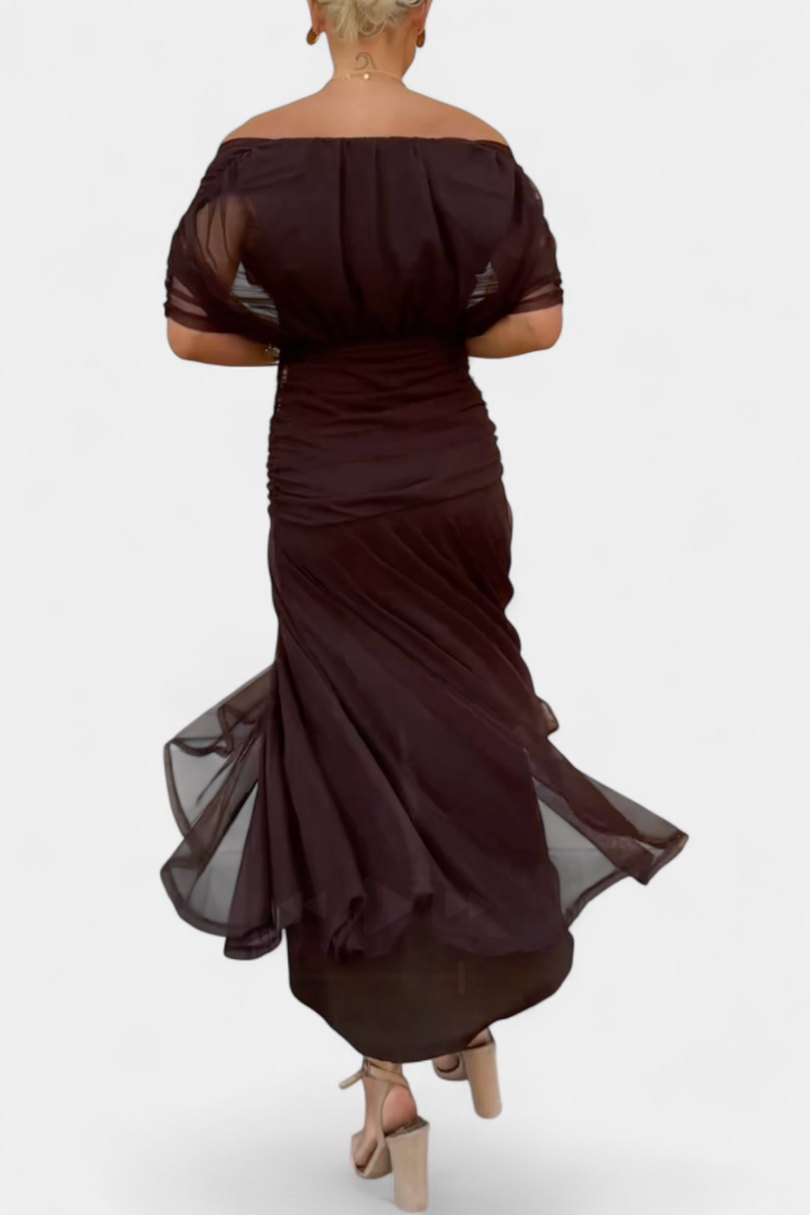 Damen Maxi Kleid Off-Shoulder Gerafftes