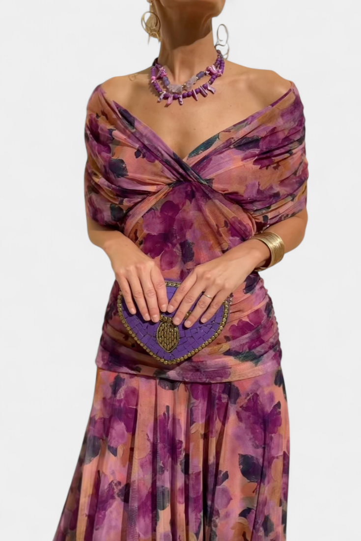 Damen Maxi Kleid Off-Shoulder Gerafftes