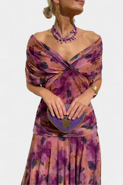 Damen Maxi Kleid Off-Shoulder Gerafftes