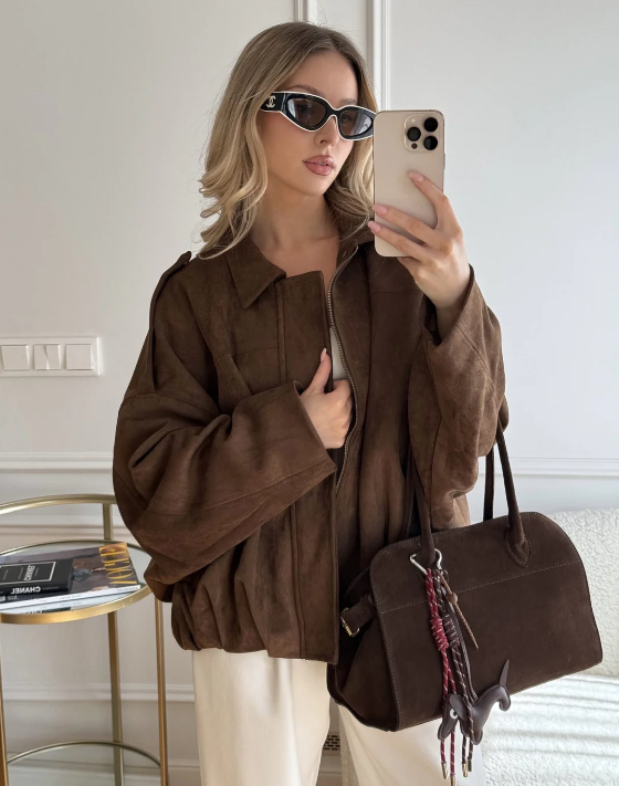 Damen Veloursjacke Oversized Komfortbeige