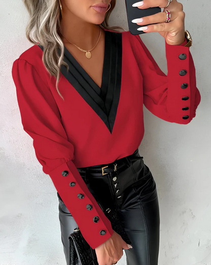 Eveloria Damen V-Ausschnitt Bluse Farbblock Muster