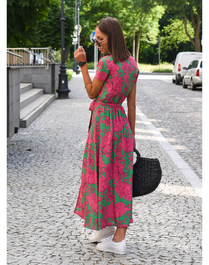 Damen Wickelmaxikleid V-Ausschnitt Kurzarm Bindegürtel Sommerkleid