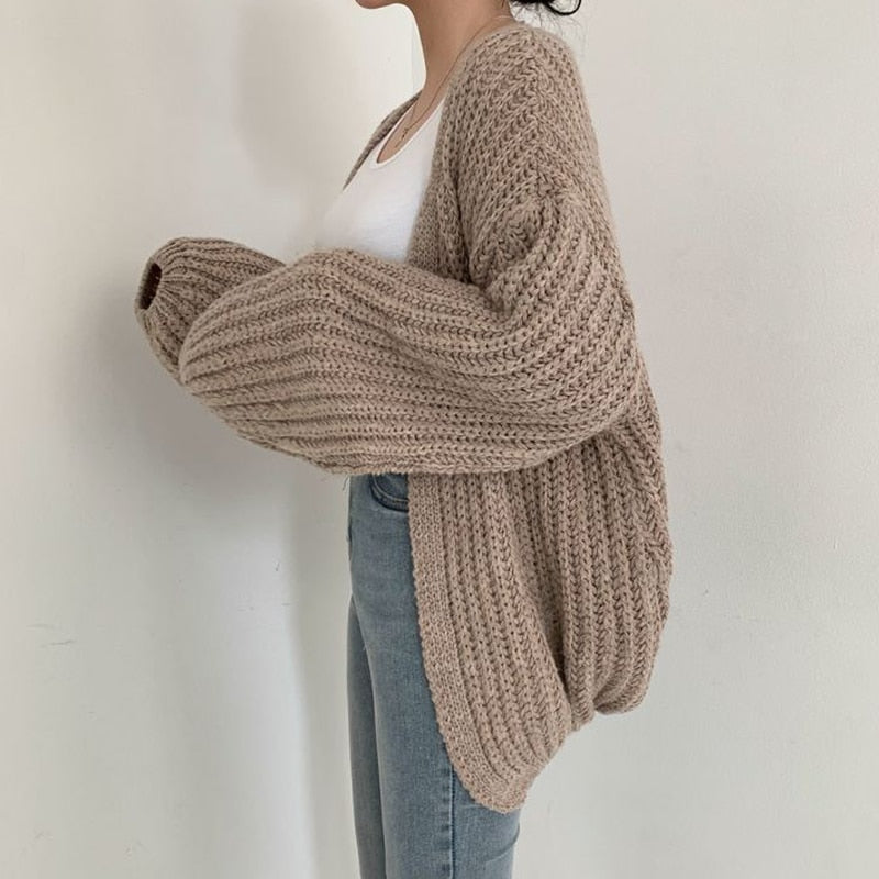 Damen Strickjacke Grobstrick Offene Vorderseite Beige