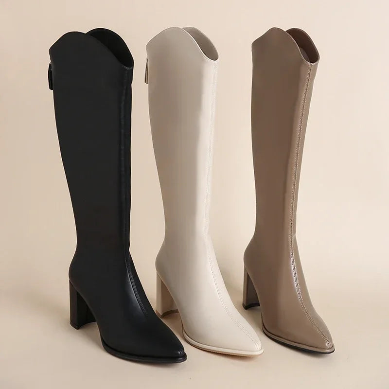Damen Knee High Stiefel mit Reißverschluss Blockabsatz