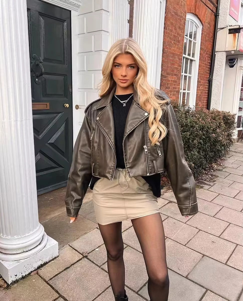 Damen Leder Motorradjacke Reißverschluss