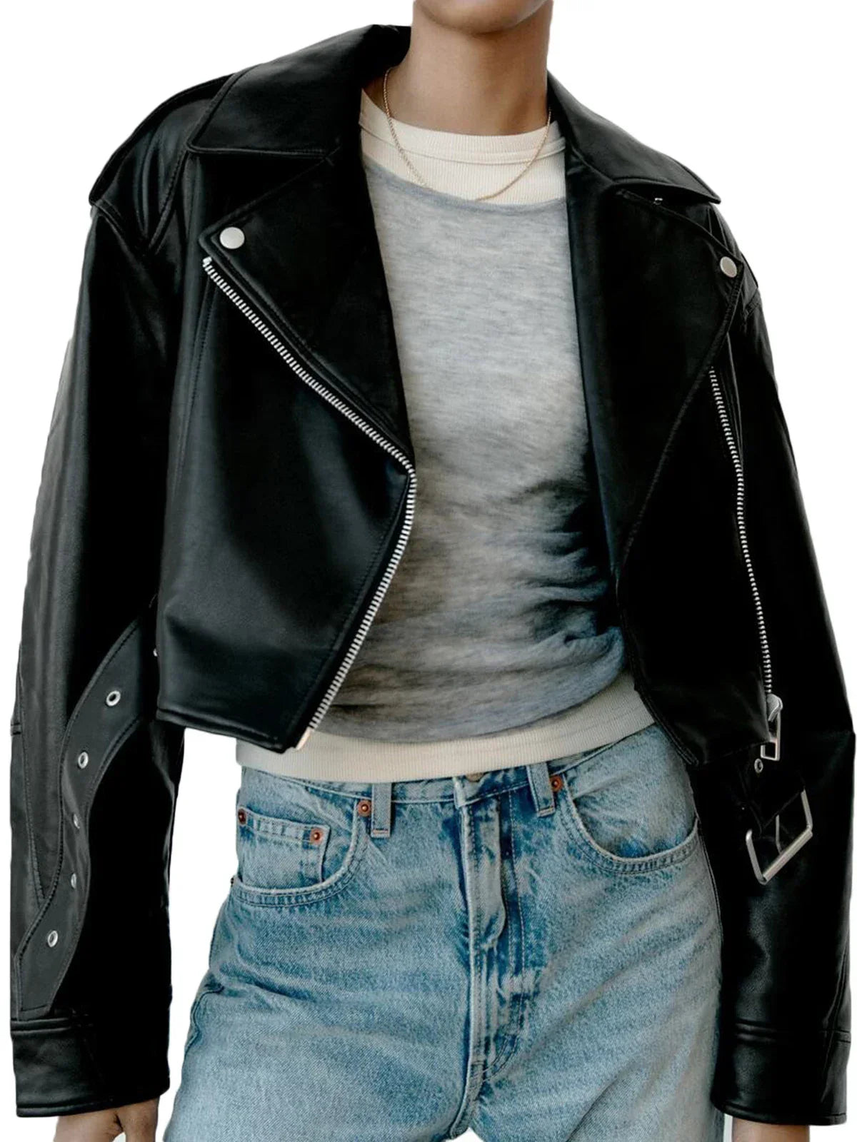 Damen Bikerjacke Cropped Asymmetrisch Leder