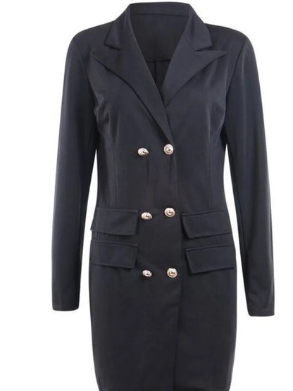 Damen Blaue Bürojacke Elegant Langarm Weiß
