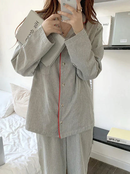 Damen Pyjama Set Zweiteiler Gestreift mit Knopfhemd und Hose