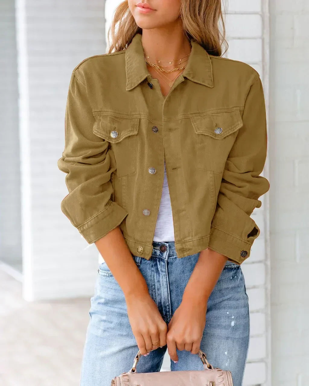Damen Denim-Jacke Kurz Knopf Ärmel Blau