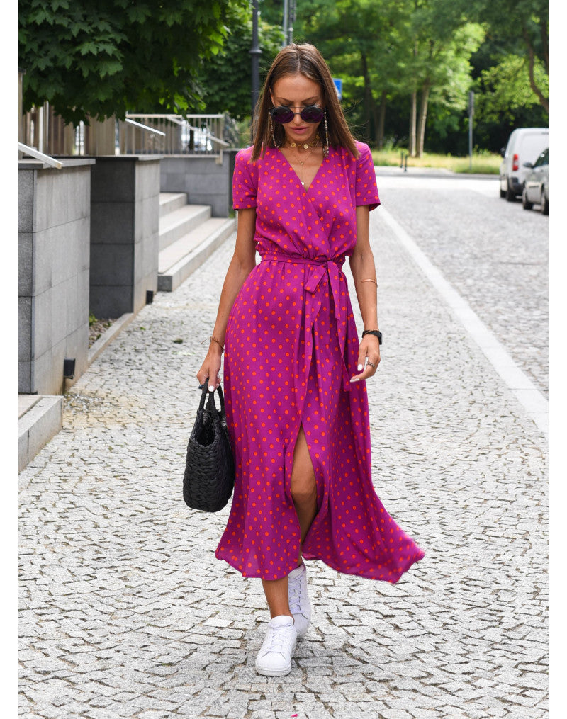 Damen Wickelkleid V-Ausschnitt Kurzarm Midi