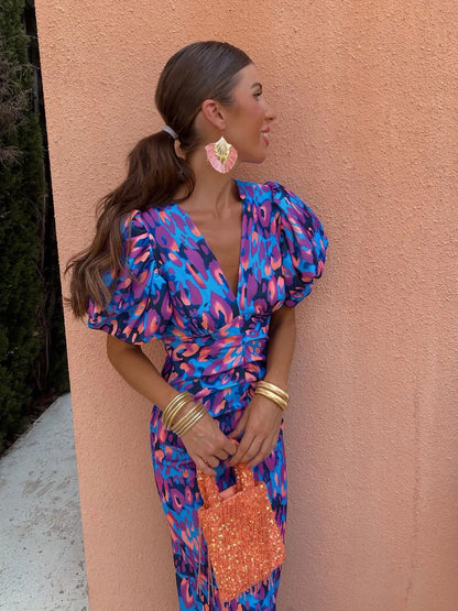 Damen Sommerkleid Mit Puffärmeln Bedruckt Midi