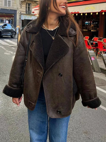 Damen Oversized Jacke Großer Reverskragen Knöpfe Fleecefutter