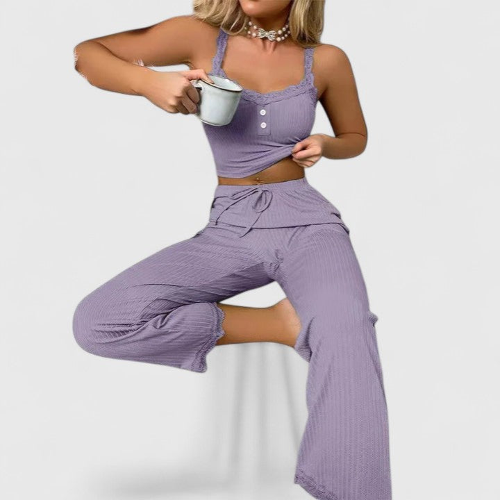 Damen Pyjama-Set Gerippt mit Spitzenbesatz