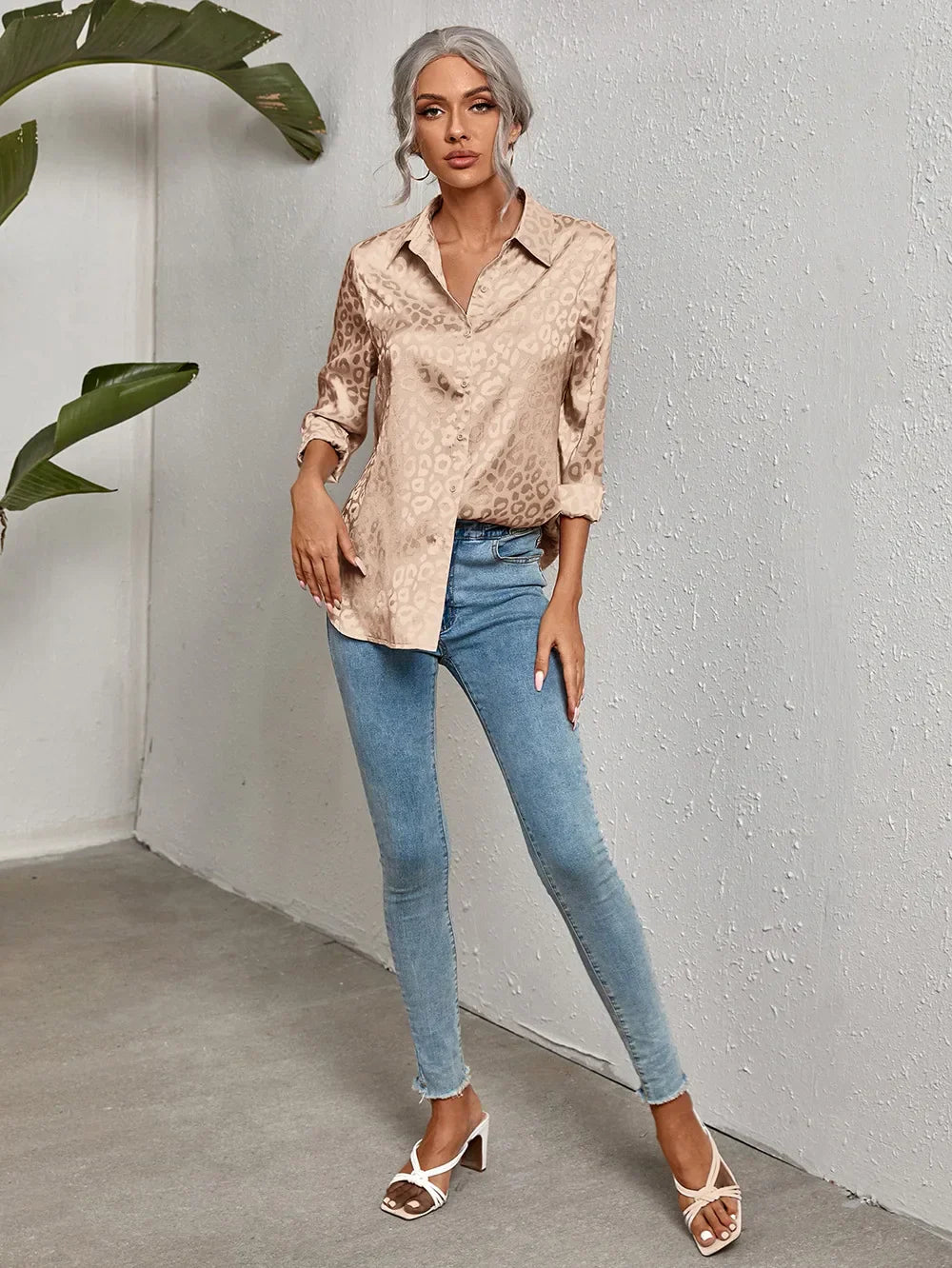 Damen Bluse Glanz-Effekt Knopfleiste Reverskragen Langarm