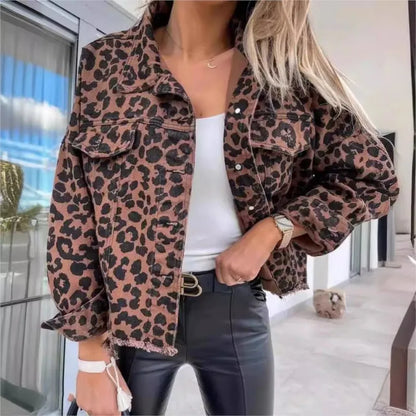 Damen Jeansjacke Leopardenmuster Animal Print Schwarz - Eveloria