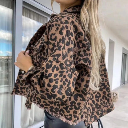 Damen Jeansjacke Leopardenmuster Animal Print