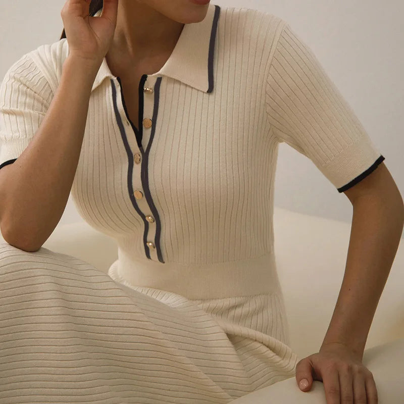 Eveloria Damen Kleid Gerippt Kontrastkragen